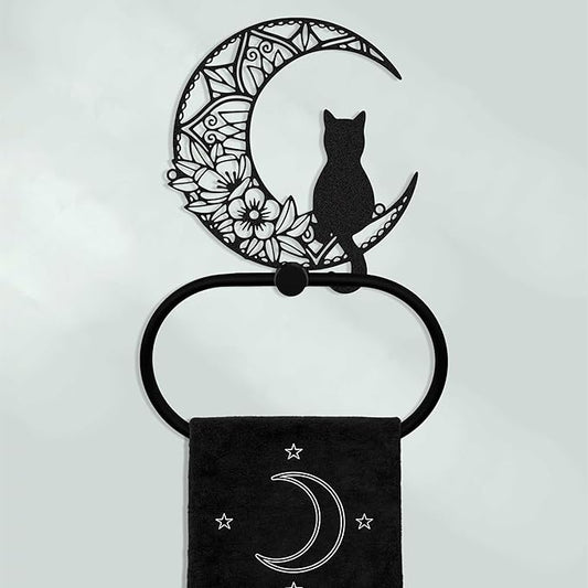 Gothic Black Cat Wall Decor Towel Ring, Moon and Cat Towel Hanger, Witchy Gothic Hand Towels Kitchen Bathroom Accessories, Bath Towel Rings Home Office Garden Hotel, Home Decors Gift