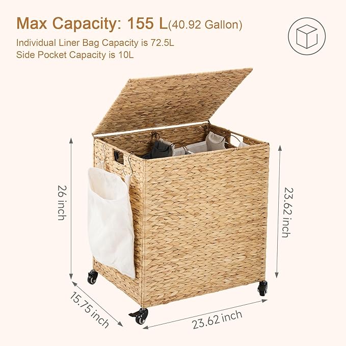Laundry Hamper with Wheels, 40.92 Gallon(155L) Water Hyacinth Laundry Basket with Lid, 2-Section Wicker Clothes Hamper with 2 Removable Liners, Laundry Sorter with Side Pocket, Natural
