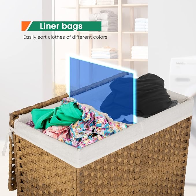 Paylesshere Laundry Basket Handwoven Laundry Hamper 90L/110L Foldable Rattan Laundry Hamper With Lid,2 Removable Liner Bags & 6 Bags,Clothes Bathroom Basket,Natural