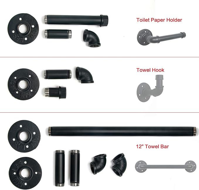 HouseAid 3-Pieces Industrial Pipe Towel Holder Set, Rustic Steel Towel Rack Kit, Farmhouse Vintage Style Towel Bar Accessories for Bathroom, Wall Mounted, Matte Black