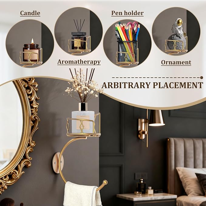 Hand Towel Holder for Bathroom with Vintage Wall Mounted Candle Holder, Metal Sturdy Wall-Mounted, Hand Towel Racks/Robe Hanger for Bathroom Decor Accessories(Gold)