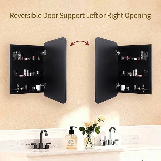 Bathroom Medicine Cabinet with Black Wood Framed Mirror, Recessed or Wall Mount Bathroom Vanity with Storage Shelves 17.5x26 inch