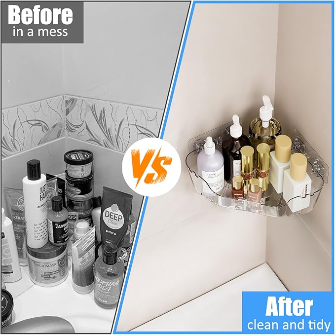 Acrylic Corner Shower Caddy, Strong Adhesive Shower Organizer Clear Wall Mounted Bathroom Shelf No Drilling Basket Rack for Bathroom Kitchen Dorm Toilet