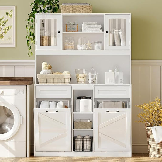 Tall Tilt-Out Double Laundry Hamper Cabinet with 2x11-Gallon Hidden Laundry Basket, Tilt Out Trash Bin Cabinet with Fluted Glass Doors, Farmhouse Wooden Bathroom Storage with Push Doors, White