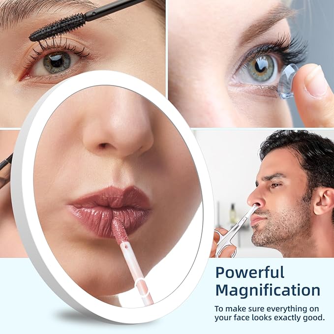 30X Concave Magnifying Mirror with Lights, 3-Color Light Adjustable Brightness, 6inch Travel Magnified Mirror with Suction Cups, Large 30x High Makeup Magnification and Tweezers