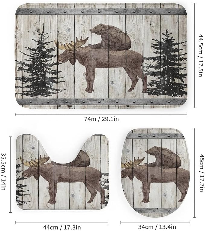 Funny Wildlife Bear Riding Moose Shower Curtain Sets with Rugs 4 Piece Accessories Bathroom Curtains Shower Set Include Shower Curtain Non-Slip Rug Toilet Lid Cover Bath Mat One Size