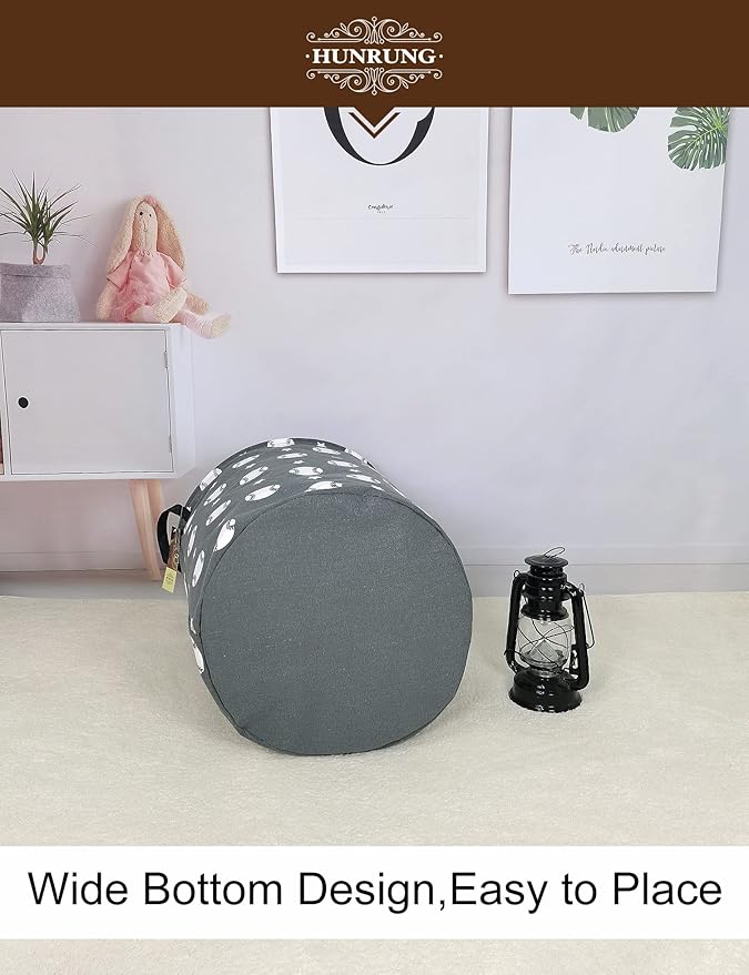 HUNRUNG Laundry Hamper,Large Canvas Fabric Lightweight Storage Basket Toy Organizer Dirty Clothes Collapsible Waterproof for College Dorms, Children Bedroom,Bathroom???Round-Grey Baseball???