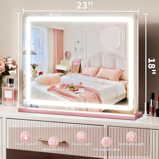 ROLOVE Pink Makeup Mirror with Lights, 23x18 Inch - 3 Color Modes, Dimmable LED Light up Mirror with 10X Magnification - Pink Vanity Mirror Wall&Tabletop Mount for Teen Girls