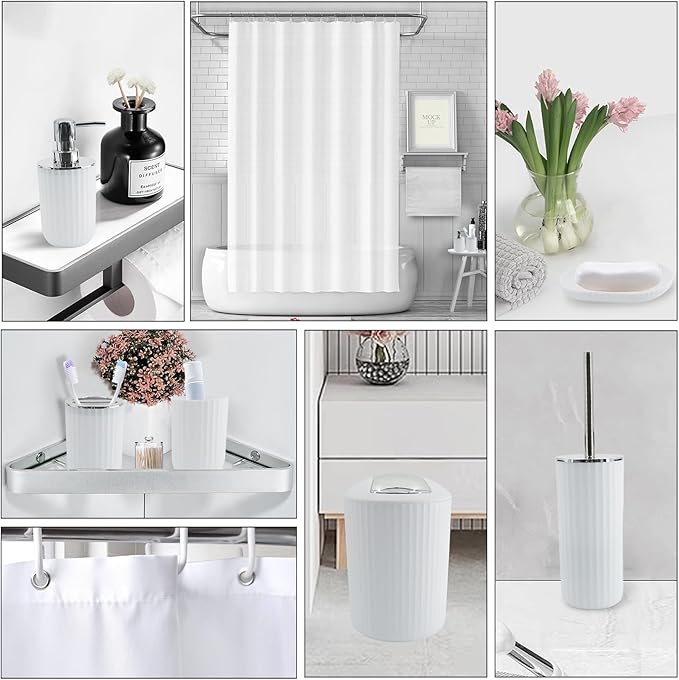White Bathroom Accessories Set with Shower Curtain, Trash Can, Lotion Soap Dispenser, Soap Dish, Toothbrush Holder, Toothbrush Cup, Toilet Brush Holder and Tray for Bathroom Decor
