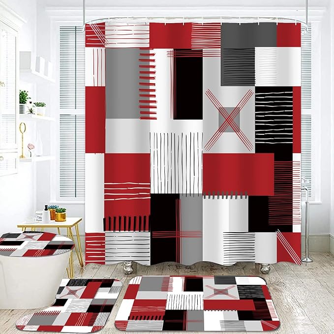 All Smiles Red Shower Curtain Sets with Non-Slip Rugs,Toilet Lid Cover and Bath Mat, Black and Gray Bathroom Decor Set Accessories Waterproof Shower Curtains