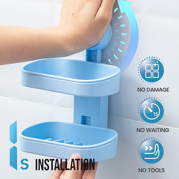 TAILI Soap Holder Soap Dish for Shower, Suction Cup Soap Holder for Shower Wall, Bathroom Accessories, Removable Strong Hold Soap Saver, Drill Free Double Soap Dish, Blue 2 Layer
