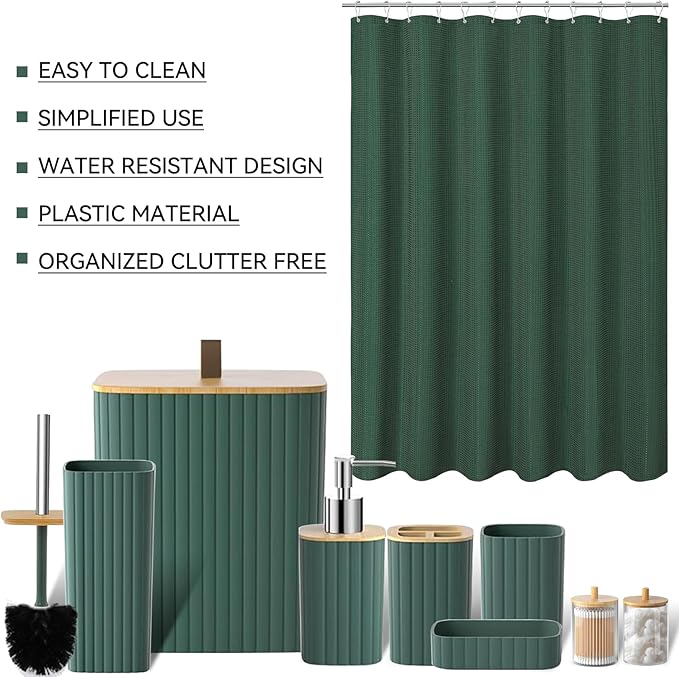 Bathroom Set - 22PCS Green Bathroom Accessories Set Trash Can Toilet Brush Holder Set Soap Dispenser Bathroom Accessory Set with Shower Curtain Bathroom Decor Set for Home, Restroom