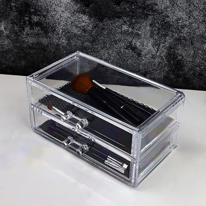 2 Drawer Transparent Acrylic Makeup Storage Box Desk Jewelry & Clear Cosmetic Organizer Vanity Storage Display Box Make Up Organizers and Storage Makeup Stand