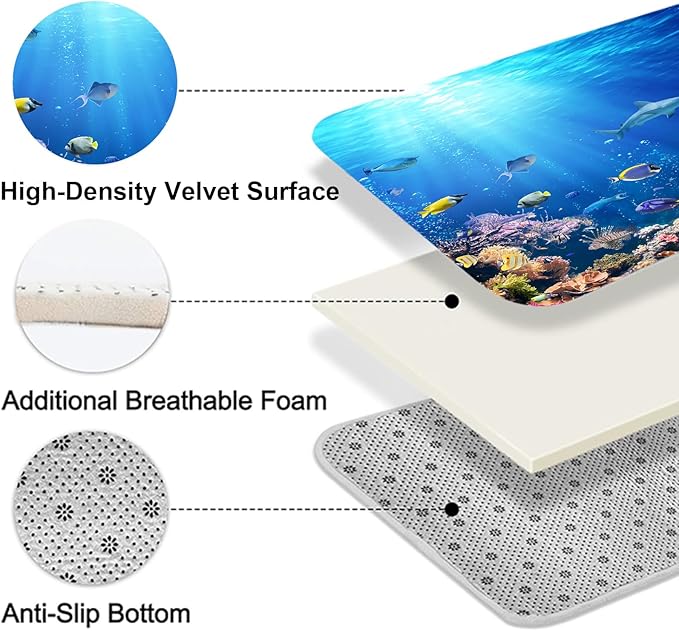 4Pcs Sunlight Sea Fish Bathroom Sets with Rugs, Shark and Turtle Print Machine-Washable Shower Curtain, Bluey Ocean Theme Bath Accessories Sets for Bathroom, Set de baño completo, 12 Pcs Hooks
