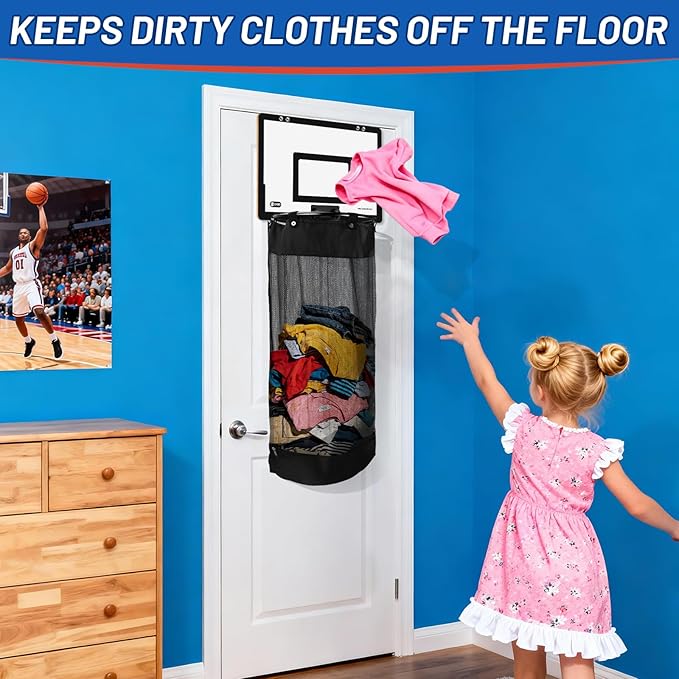 Over the Door Basketball Laundry Hamper, 2-in-1 Wooden Sports Laundry Basket with Basketball Hoop & Bottom Zipper, Adjustable Hanging Clothes Hamper for Kids Teens Bedroom Dorm Bathroom