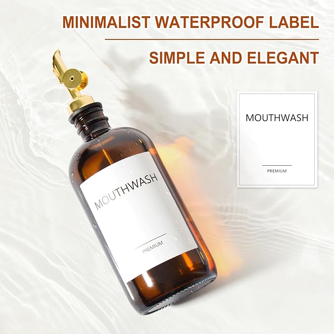 Mouthwash Dispenser for Bathroom, Glass Mouthwash Dispenser with Cup, Mouth Wash Container Bottle with Cup, Refillable Mouthwash Decanter, Amber, 1 Pack, 17oz