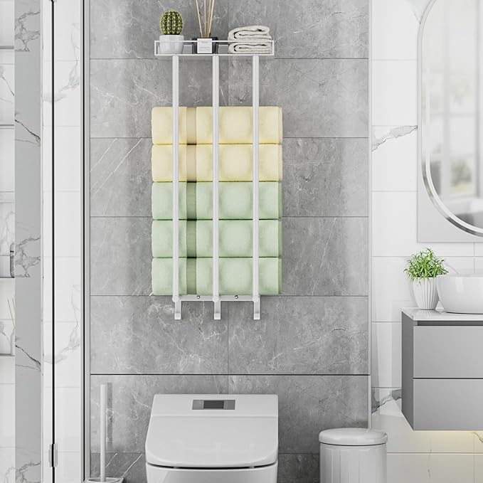 Ovicar Towel Racks for Bathroom - Wall Mounted Rolled Towels Storage with Metal Shelf & 3 Hooks,3 Bars Wall Towel Holder for Small Bathroom, Bath Towel Organizer White