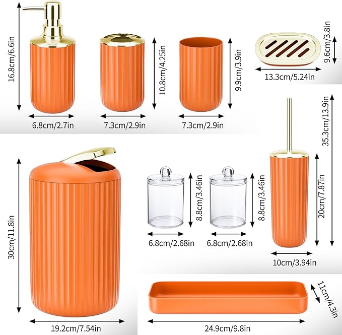 XLHOMO 9PCS Orange Bathroom Accessories Set Complete with Trash Can, Vanity Tray, Soap Dispenser, Soap Dish, Toothbrush Holder, Toothbrush Cup, Toilet Brush and Qtip Holders