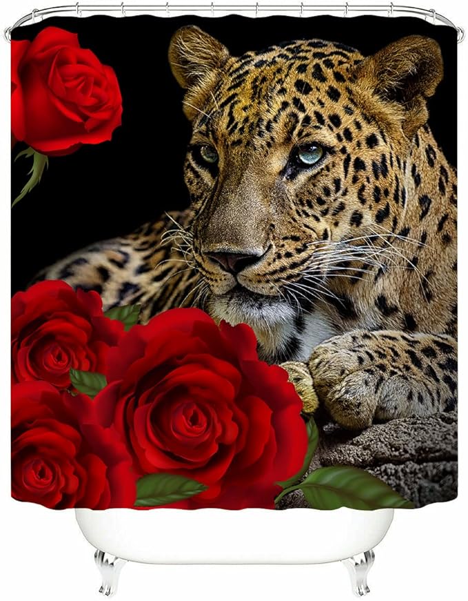 Red Rose Cheetah Shower Curtain Cat Leopard Print Bath Curtain with 12 Hooks Romantic Flowers Bathroom Decor Curtain Set with Non-Slip Rugs, Toilet Lid Cover Bath Mat for Bathtubs (Red Rose Cheetah)
