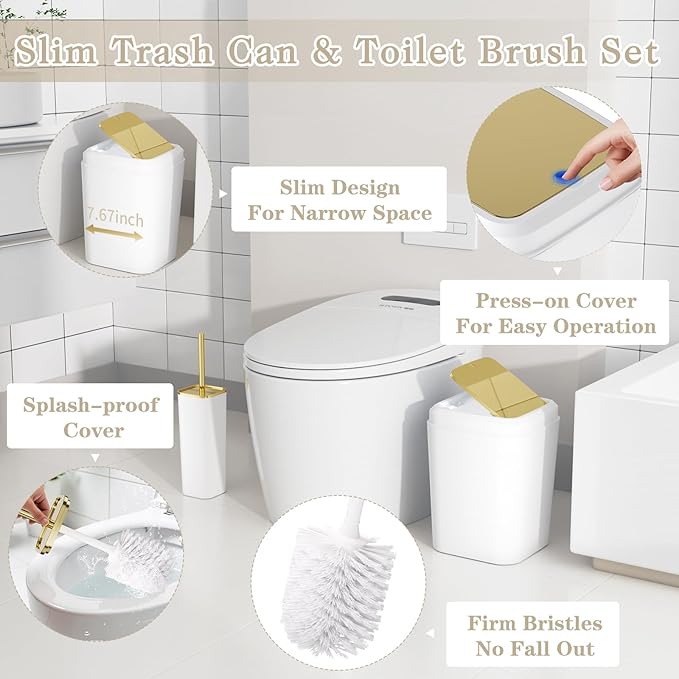 Bathroom Set — Bathroom Accessories Set, 11PC Bathroom Accessory Set, White Bathroom Set with Push-lid Trash Can, 3PC Soap Dispensers, Toilet Brush & Qtip Holders