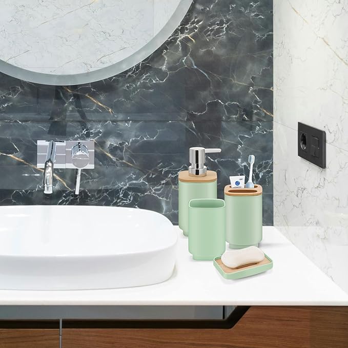 IMAVO 11 Piece Green Bathroom Set, Trash Can, Toilet Brush, Storage Tray, Complete Bathroom Accessories Organization Kit for Bathroom Décor and Home Gifts