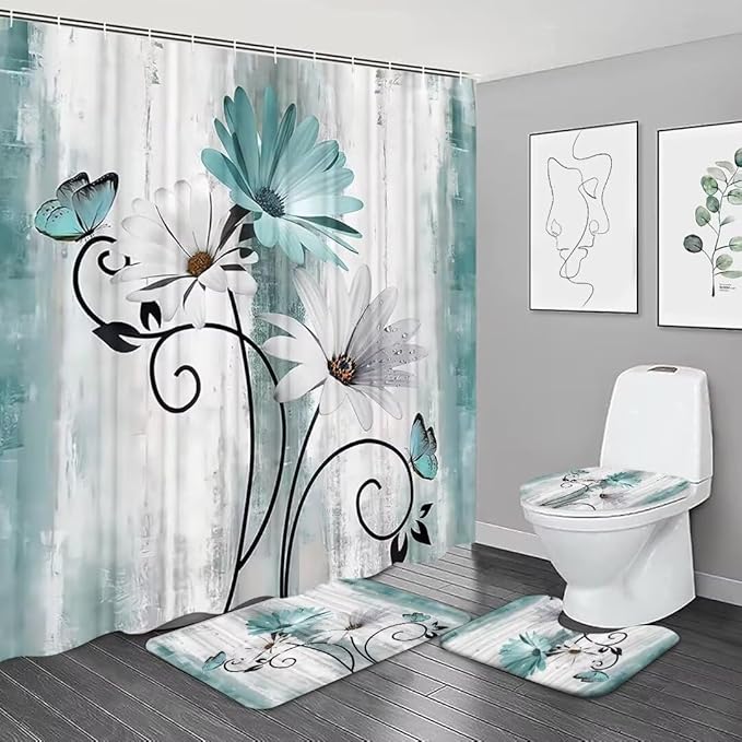 NBVKO 4PCS Rustic Teal Flower Farmhouse Shower Curtain Set,Waterproof Teal Daisy Floral Bathroom Decor Accessory Set