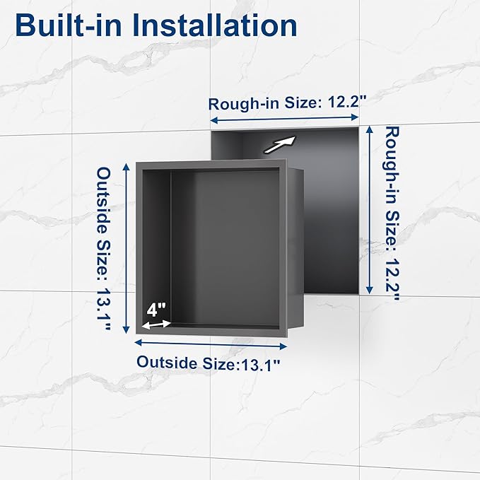 Neodrain Shower Niche, Insert Bathroom Storage Shower Shelf, Stainless Steel Recessed Wall Niche No Tiled Recessed Cabinet Waterproof for Shower Storage(Gun Metal,12"x12")