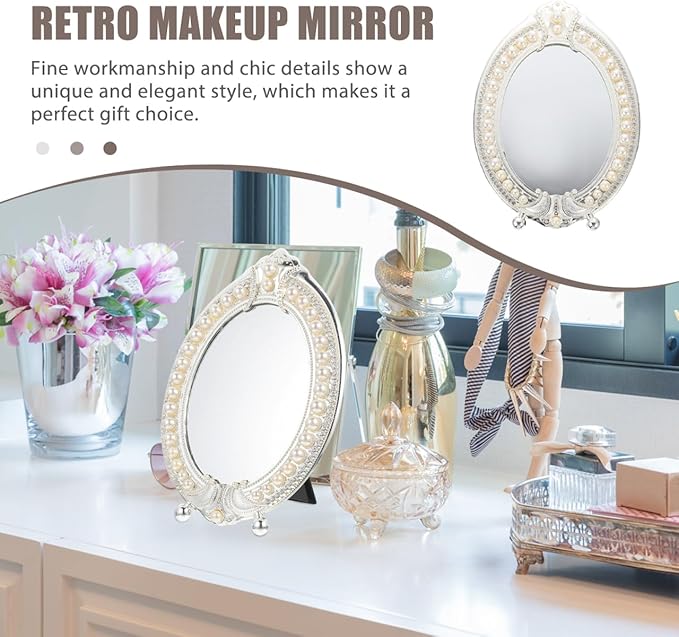 Hemoton Vintage Makeup Mirror with Retro Pearl Frame Desktop Vanity Mirror for Dressing Table High Definition Cosmetic with Stable Stand Elegant Room Decor