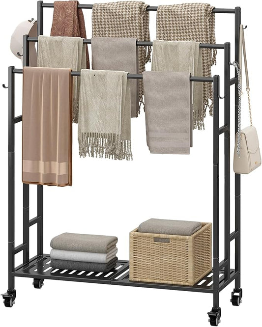 SORCEDAS Towel Rack 3 Tier Free Standing Metal Towel Stand with Storage Shelf and Wheel for Extra Large Towel Blanket Drying (Black)