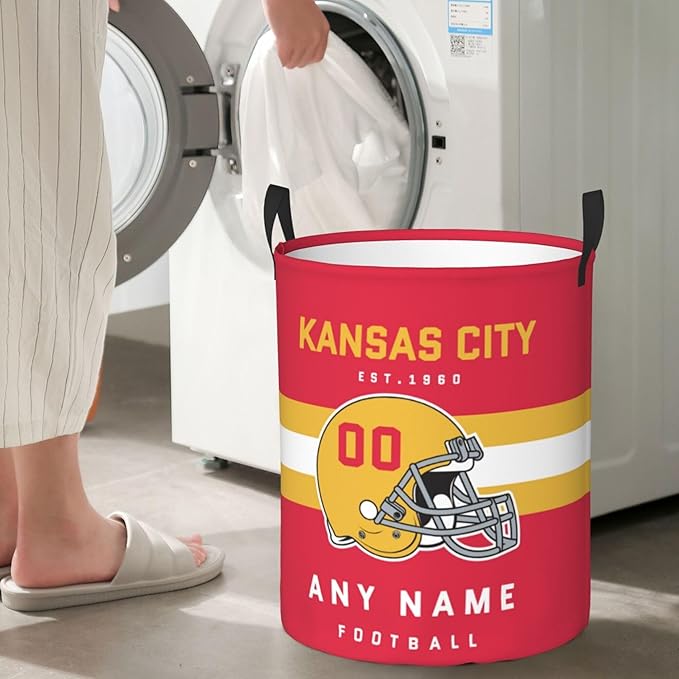 Custom Kansas City Laundry Hamper - Personalized Football Style Laundry Basket - Customized Name And Number - Dirty Clothes Hamper Waterproof Large Capacity Hamper for Bedroom Bathroom Living Room