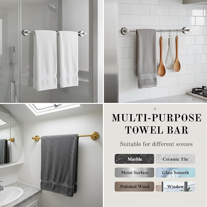 Suction Cup Towel Bar 17-28 Inch Adjustable Retractable Stainless Steel Towel Rack for Bathroom, RV & Renters - No Drill Heavy Duty Wall Mounted Holder, Removable for Glass & Tile (1, Golden)