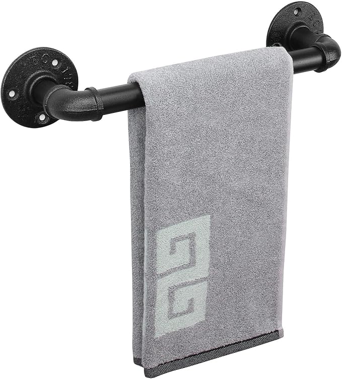 NearMoon Industrial Pipe Towel Bar, Heavy Duty Bathroom Hardware Towel Holder Accessory, Wall Mounted DIY Rustic Iron Bathroom Towel Rack Holder (12 Inch, Black)