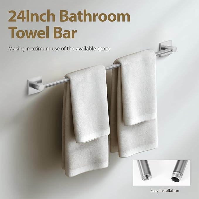 Bathroom Accessories Set Brushed Nickel Towel bar Set, 4 piece Towel Rack Set Towel bar for Bathroom wall Mounted Durable 24 inch Towel bar Robe Hook Towel Ring Toilet Paper Holder