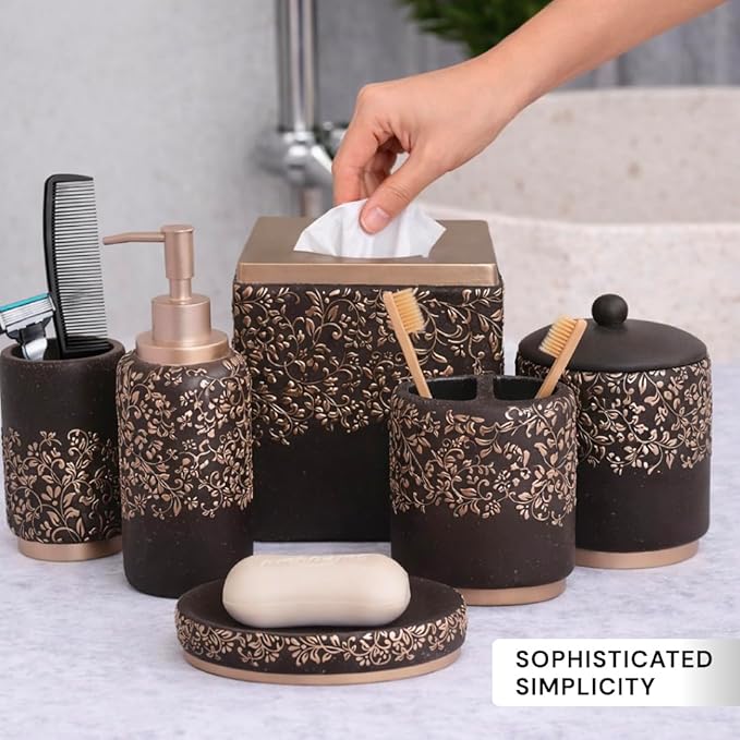 Decozen Bathroom Accessories 6Pcs Set, Soap Dispenser, Toothbrush Holders, Tumbler, Soap Dish & Cotton Swab Jar – Modern Bathroom Decor, Modern Farmhouse Decor, Countertop Accessories, Black