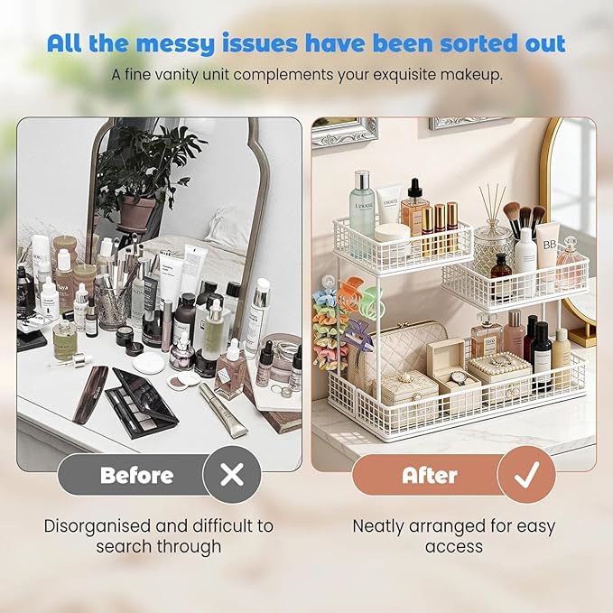 3-Tier Metal Cosmetic Organizer,Cosmetic Storage Rack for Vanity Tables,Multipurpose Metal Bathroom Organizers and Storage, Home and Office use Countertop Organizer (Square-White)