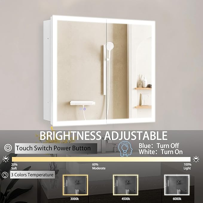 Medicine Cabinet with Led, 26X32 Inch Lighted Medicine Cabinet with Anti-Fog Mirror, 3 Glass Shelves, Dimmable LED, Recessed or Surface Mount Bathroom Smart Mirror Cabinet