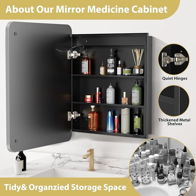 ROOMTEC Lighted Medicine Cabinet with Mirror 24"x30", Bathroom Mirror Cabinet with Lights and Storage, Single Doors Bathroom Wall Cabinet with LED Lights,Silver