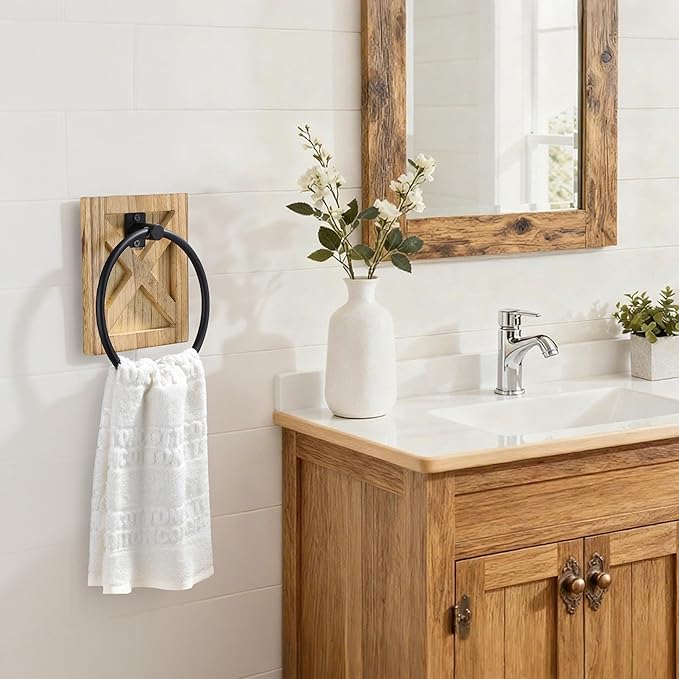 Wall Mounted Rustic Towel Holder for Bathroom, Farmhouse Towel Rack Holder, Country Decor Hand Towel Holder, Bath Towel Hanger with Warm Brown Wood for Kitchen, Bathroom Accessories
