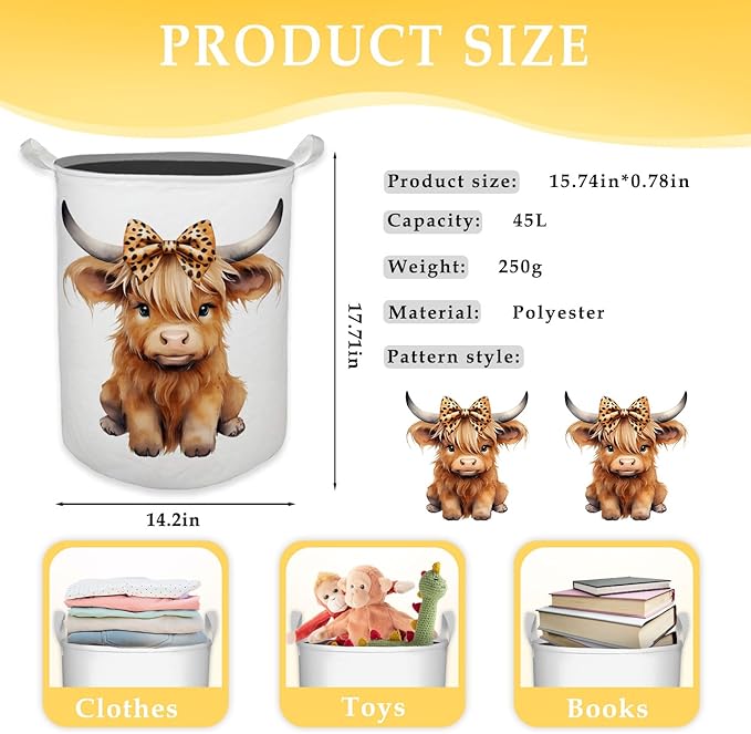 Highland Cow Baby Nursery Laundry Basket, Toybox for Girls Room, Leopard Bow Cow Laundry Basket Hamper Waterproof Collapsible Clothes Toys Storage Bin Organizer for Kids Room Playroom Bathroom