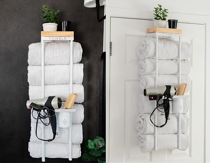 Over The Door/Wall Mounted Towel Rack - Modern Door & Wall Towel Holder for Rolled Towels with Hair Slot Dryer & Multipurpose Cup Holder - Hanging Towel Rack for Bathroom Holds 6 Large Towels - White