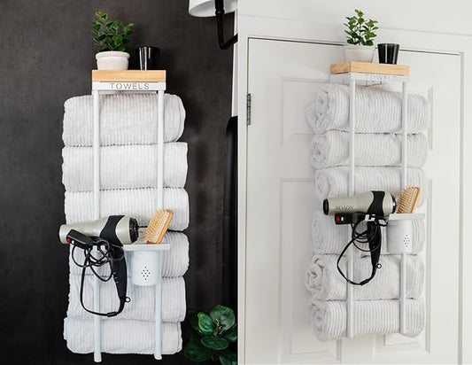 Over The Door/Wall Mounted Towel Rack - Modern Door & Wall Towel Holder for Rolled Towels with Hair Slot Dryer & Multipurpose Cup Holder - Hanging Towel Rack for Bathroom Holds 6 Large Towels - White