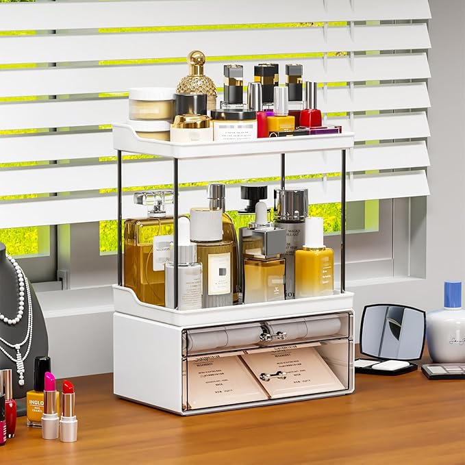 Yieach Acrylic Makeup Organizer Countertop,Large Skincare Organizer for Dresser Top,Plastic Bathroom Counter Organizers and Storage for Beauty,Cosmetic,Hair Products,Lotion and Perfume Organizer,White