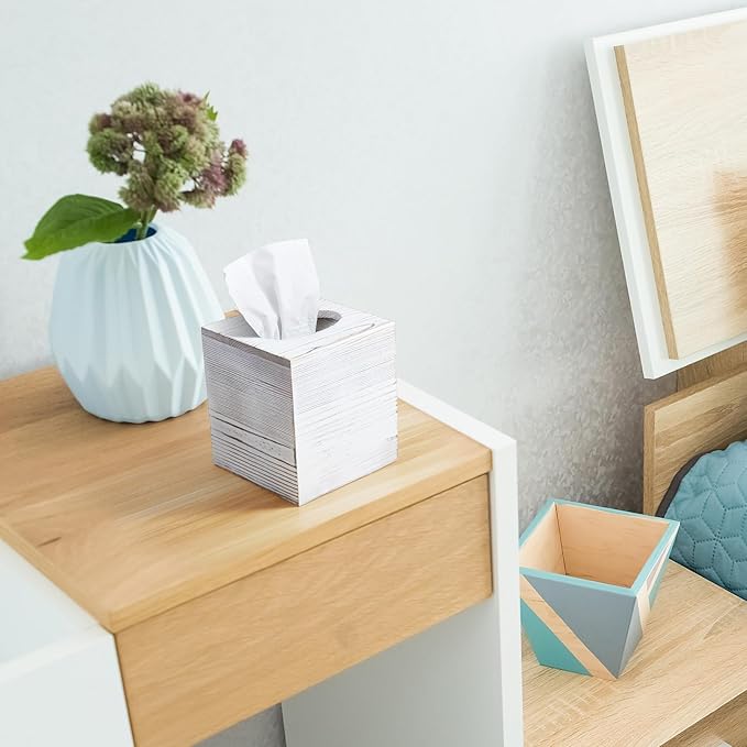 Wood Tissue Box Cover Square - Wooden Tissue Box Holder for Tabletop Night Stands Bathroom Office - Decorative White Facial Cube Tissue Box Cover