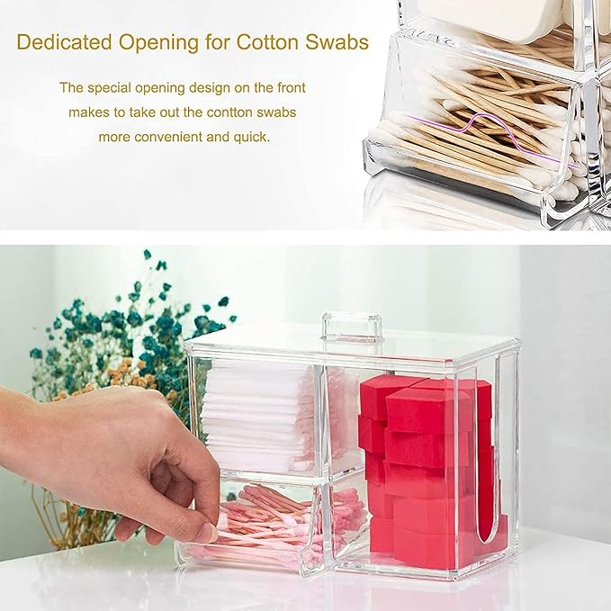 Cotton Buds Organizer - 3-Grid Q-tip Dispenser, Acrylic Crystal Clear Storage Box with Lid, Cosmetic Canister Case