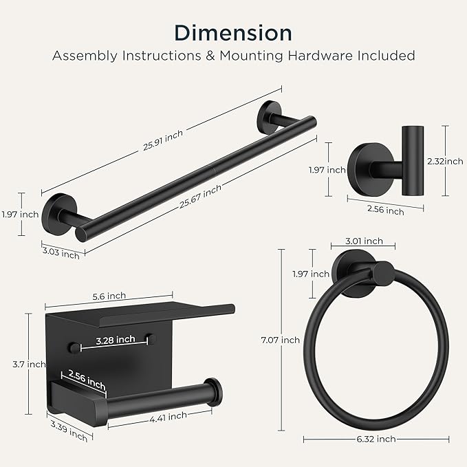 FORIOUS Bathroom Hardware Accessories Set, SUS304 Stainless Steel Towel Bar Set, Modern Towel Racks Holder for Bathroom, Toilet Paper Holder Wall Mounted 5 Pieces(24" Bar, Matte Black)