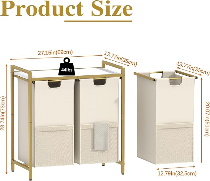 Huhote Laundry Hamper, double Laundry Basket, Laundry Sorter with Top Shelf & 2 Removable Washable Bags & Side Pockets for Laundry Room organization, Bathroom and Dorm, Gold and White