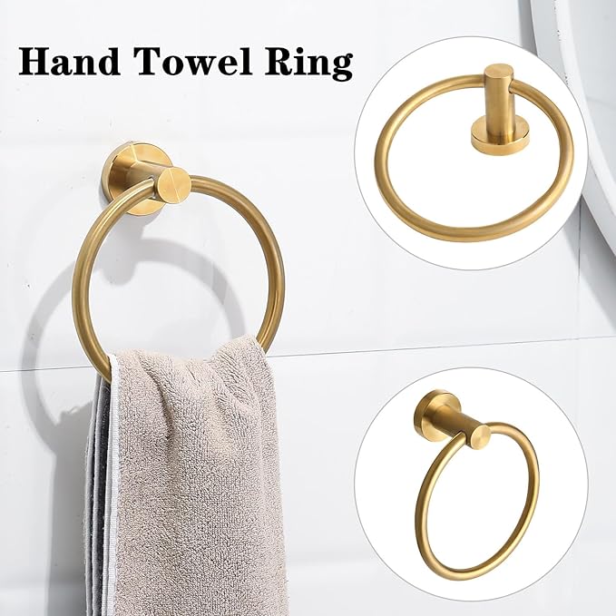 Brushed Gold Bathroom Hardware Accessories Set 4 Pieces,Towel Bar Set Stainless Steel Wall Mounted, Includes 24 in Hand Towel Bar, Towel Ring Holder,Toilet Paper Holder, Bathroom Towel Rack Set Gold