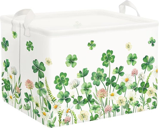 Clastyle Floral Saint Patrick's Day Storage Basket Shamrock Clover Clothes Book Toy Shelf Basket Kid Room Decor Gift Storage Bin Organizer,Four Leaf Clover,40x30x30 cm