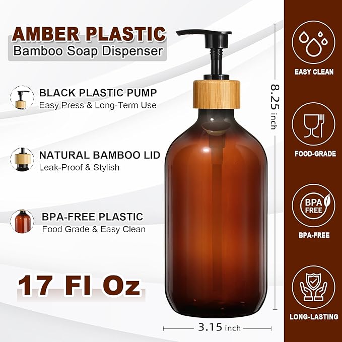 KASUNTING Amber Soap Dispenser Plastic, Brown Dish Soap Dispenser with Bamboo Pump for Kitchen,17 Fl Oz Hand and Dish Dispenser Set for Bathroom, Farmhouse Liquid Soap and Lotion Dispensers Bottle