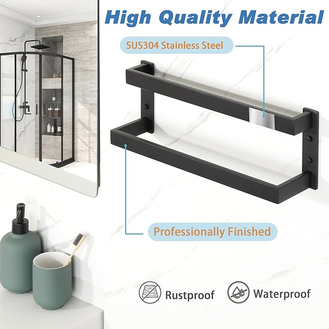 Alise Double Towel Bar, 16" Towel Racks for Bathroom Wall Mounted, SUS304 Stainless Steel Bathroom Towel Holder, Modern Quick Drying Towel Hanger, Matte Black